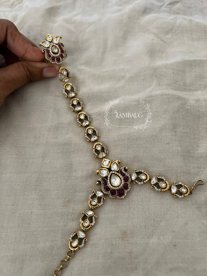 Vihana Polki Kundan Studded Floral Motif Teardrop Accents Premium Haathphool In Rich Gold Finish By Ranibaug