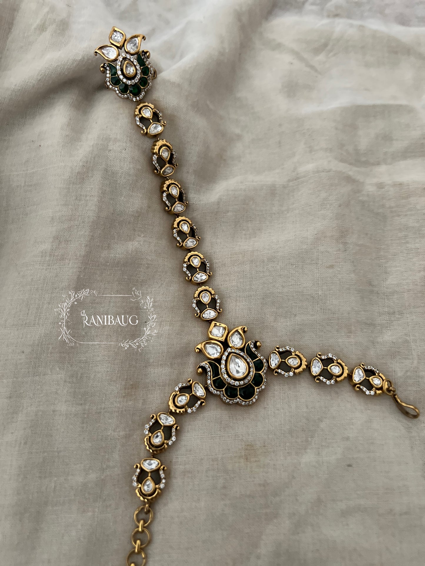 Vihana Polki Kundan Studded Floral Motif Teardrop Accents Premium Haathphool In Rich Gold Finish By Ranibaug