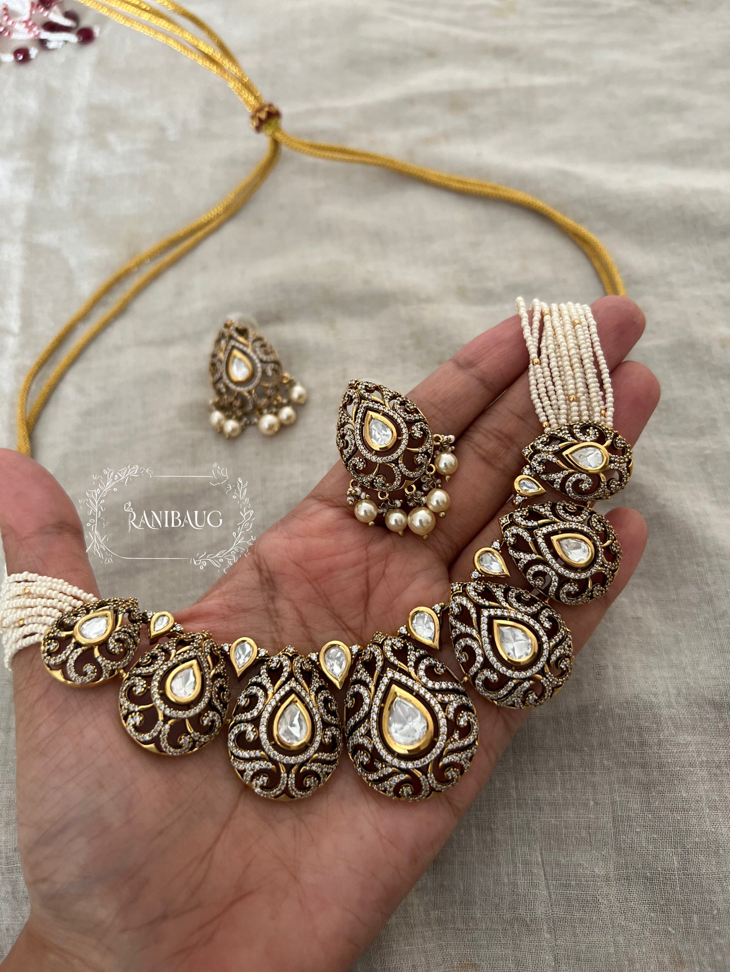 Vihana Teardrop Polki Motifs Victorian Choker Necklace Jewellery Set By Ranibaug