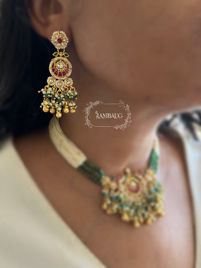 Vilinda Ruby Emerald Beaded Gold Finish Designer Heritage Statement Necklace Set By Ranibaug