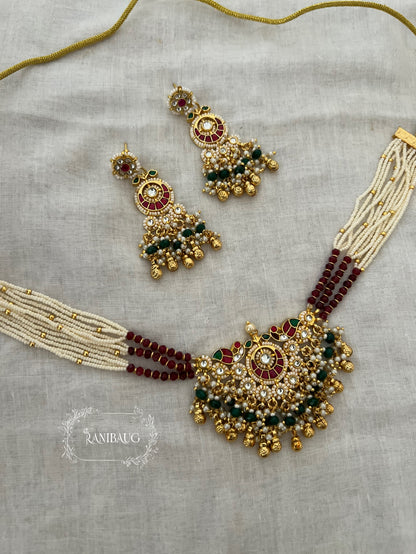 Vilinda Ruby Emerald Beaded Gold Finish Designer Heritage Statement Necklace Set By Ranibaug
