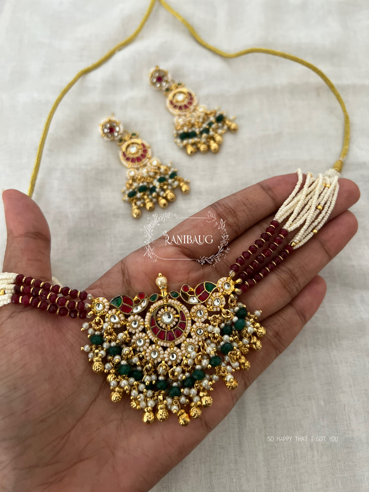 Vilinda Ruby Emerald Beaded Gold Finish Designer Heritage Statement Necklace Set By Ranibaug