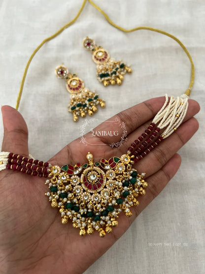 Vilinda Ruby Emerald Beaded Gold Finish Designer Heritage Statement Necklace Set By Ranibaug