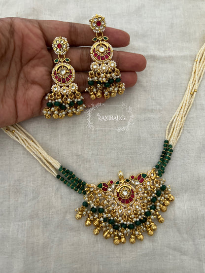 Vilinda Ruby Emerald Beaded Gold Finish Designer Heritage Statement Necklace Set By Ranibaug