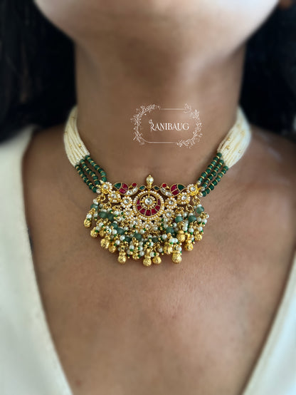 Vilinda Ruby Emerald Beaded Gold Finish Designer Heritage Statement Necklace Set By Ranibaug