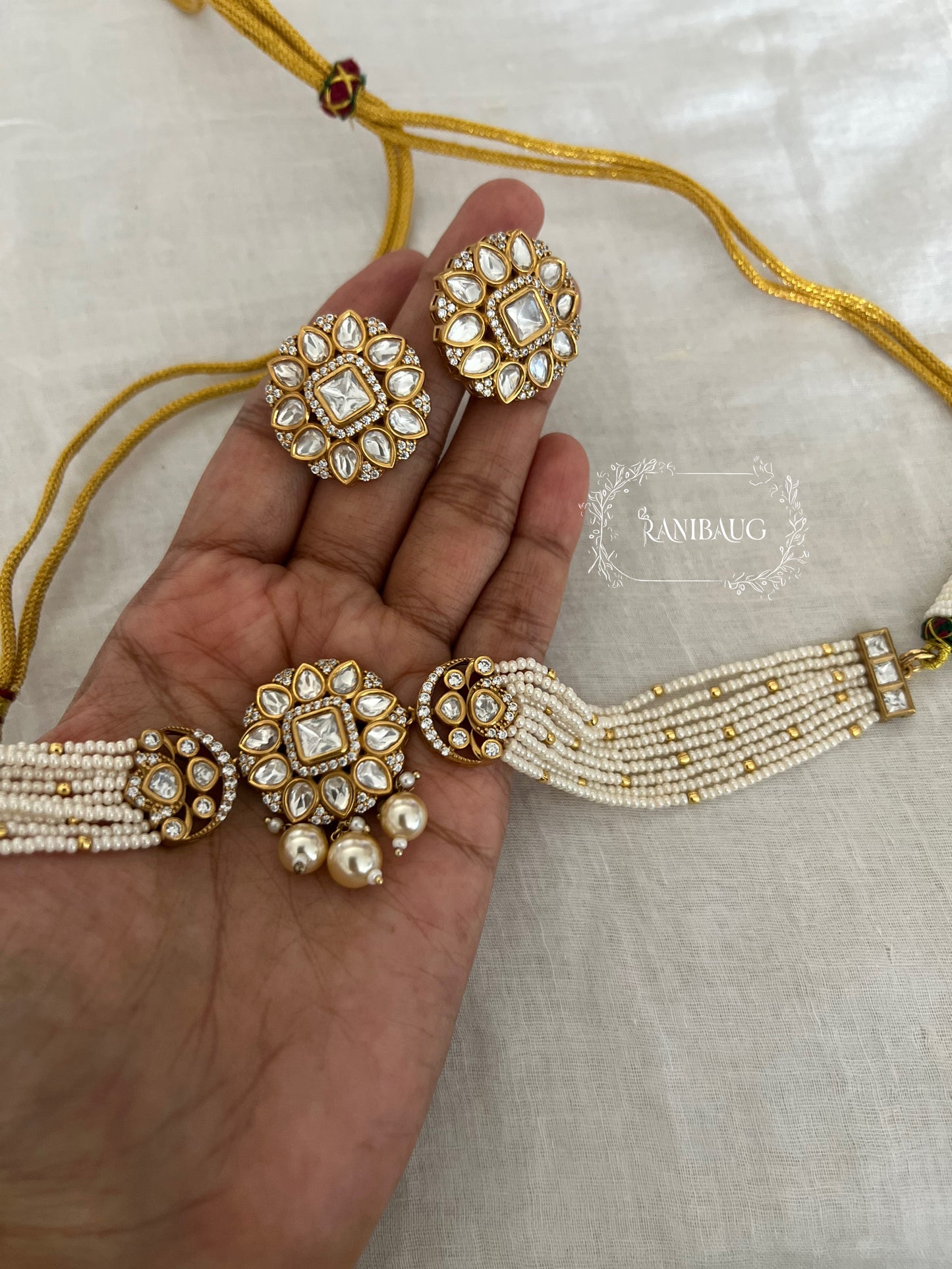 Vinisha Traditional Indian Polki Kundan Studded Pearl Strand Choker Necklace Festive Jewelry Set By Ranibaug