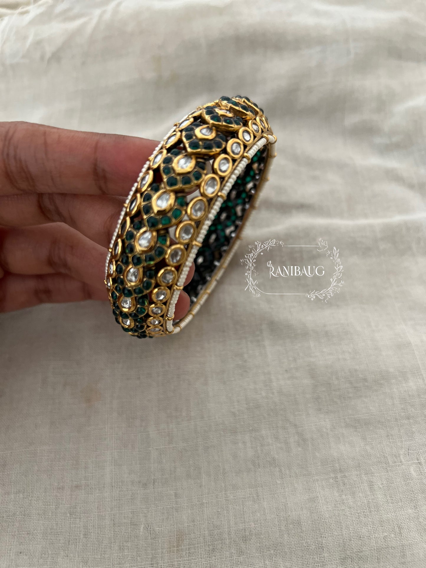 Vipasha Traditional Green Polki Kundan Studded Gold Plated Bangle By Ranibaug | Premium Quality Bangle Kadas In India