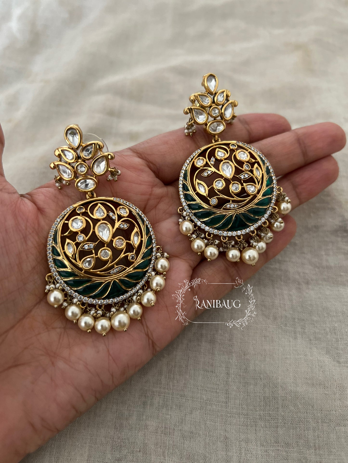 Viragya Mossainite Kundan Studded Gold Plated Floral Vines Pearl Adorned Chandbali Earrings By Ranibaug