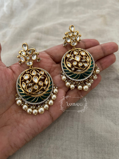 Viragya Mossainite Kundan Studded Gold Plated Floral Vines Pearl Adorned Chandbali Earrings By Ranibaug