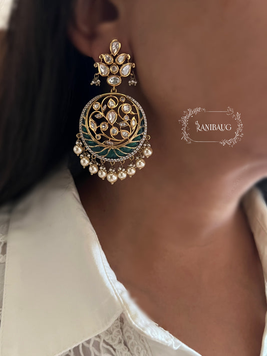 Viragya Mossainite Kundan Studded Gold Plated Floral Vines Pearl Adorned Chandbali Earrings By Ranibaug