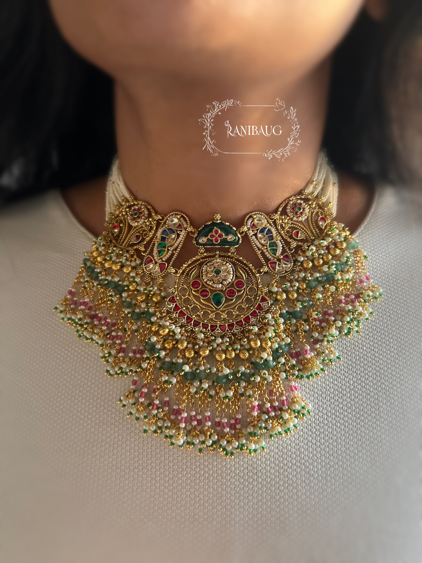 Virangana Royal Beaded Gold Finish Designer Statement Heritage Necklace Set By Ranibaug