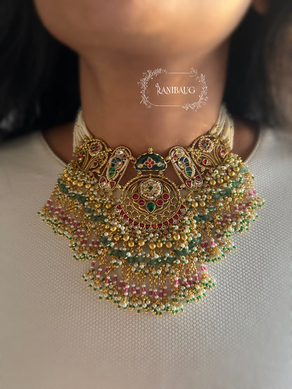 Virangana Royal Beaded Gold Finish Designer Statement Heritage Necklace Set By Ranibaug