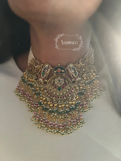 Virangana Royal Beaded Gold Finish Designer Statement Heritage Necklace Set By Ranibaug