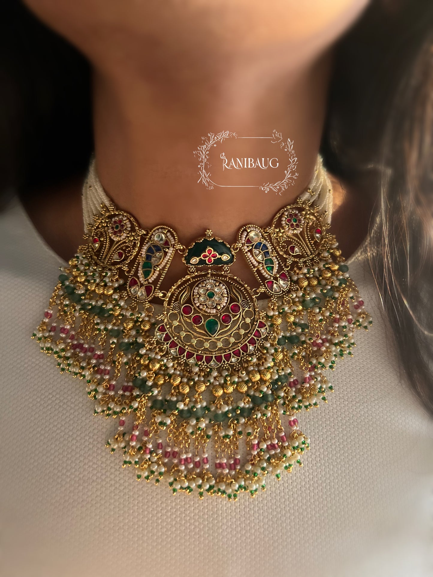 Virangana Royal Beaded Gold Finish Designer Statement Heritage Necklace Set By Ranibaug
