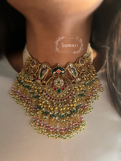 Virangana Royal Beaded Gold Finish Designer Statement Heritage Necklace Set By Ranibaug