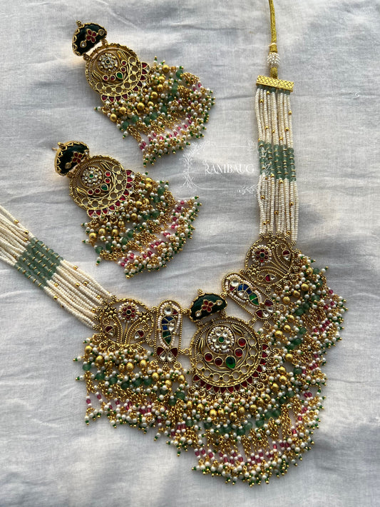 Virangana Royal Beaded Gold Finish Designer Statement Heritage Necklace Set By Ranibaug