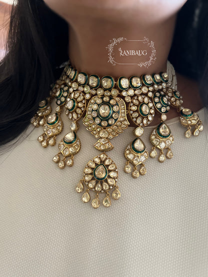 Virangini Polki Kundan Festive Gold Finish Indian Traditional Necklace Set By Ranibaug