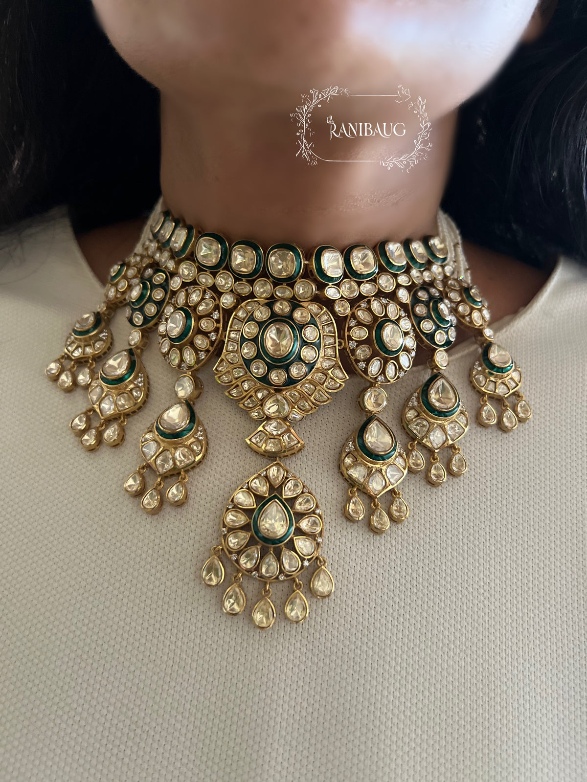 Virangini Polki Kundan Festive Gold Finish Indian Traditional Necklace Set By Ranibaug