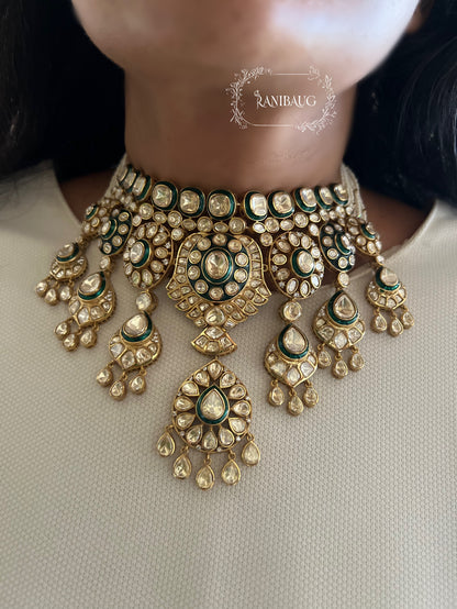 Virangini Polki Kundan Festive Gold Finish Indian Traditional Necklace Set By Ranibaug
