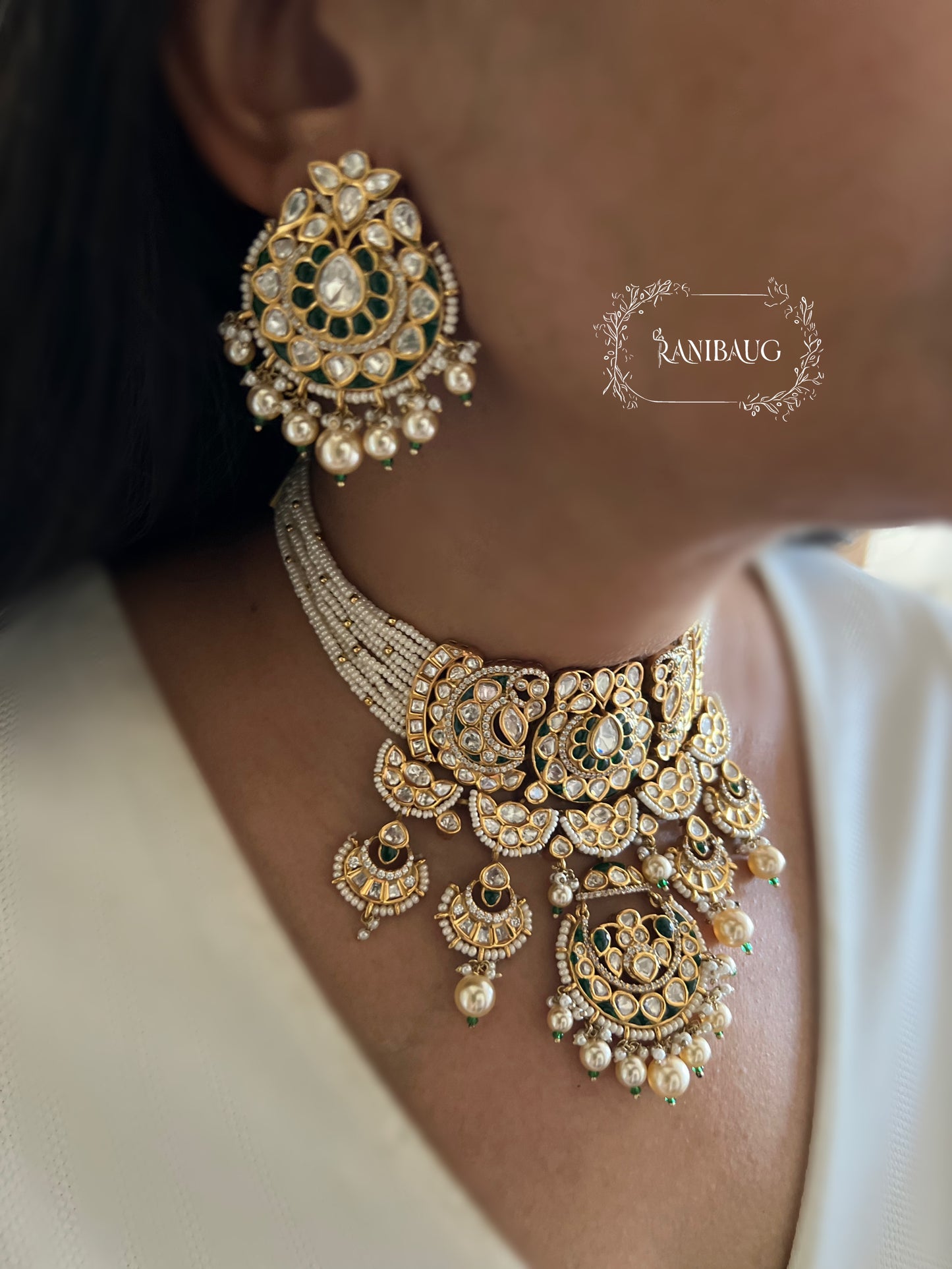Viraya Gold Finish Royal Emerald Pearl Bridal Necklace Jewelry Set By Ranibaug