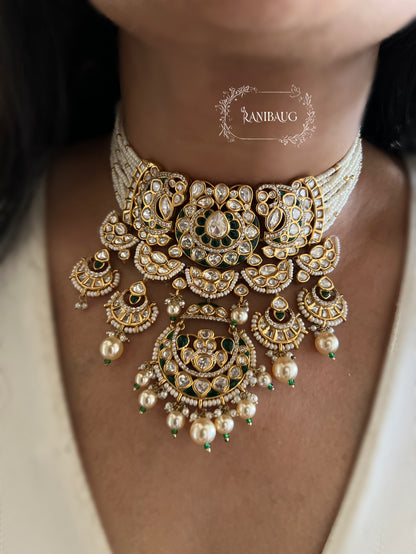 Viraya Gold Finish Royal Emerald Pearl Bridal Necklace Jewelry Set By Ranibaug