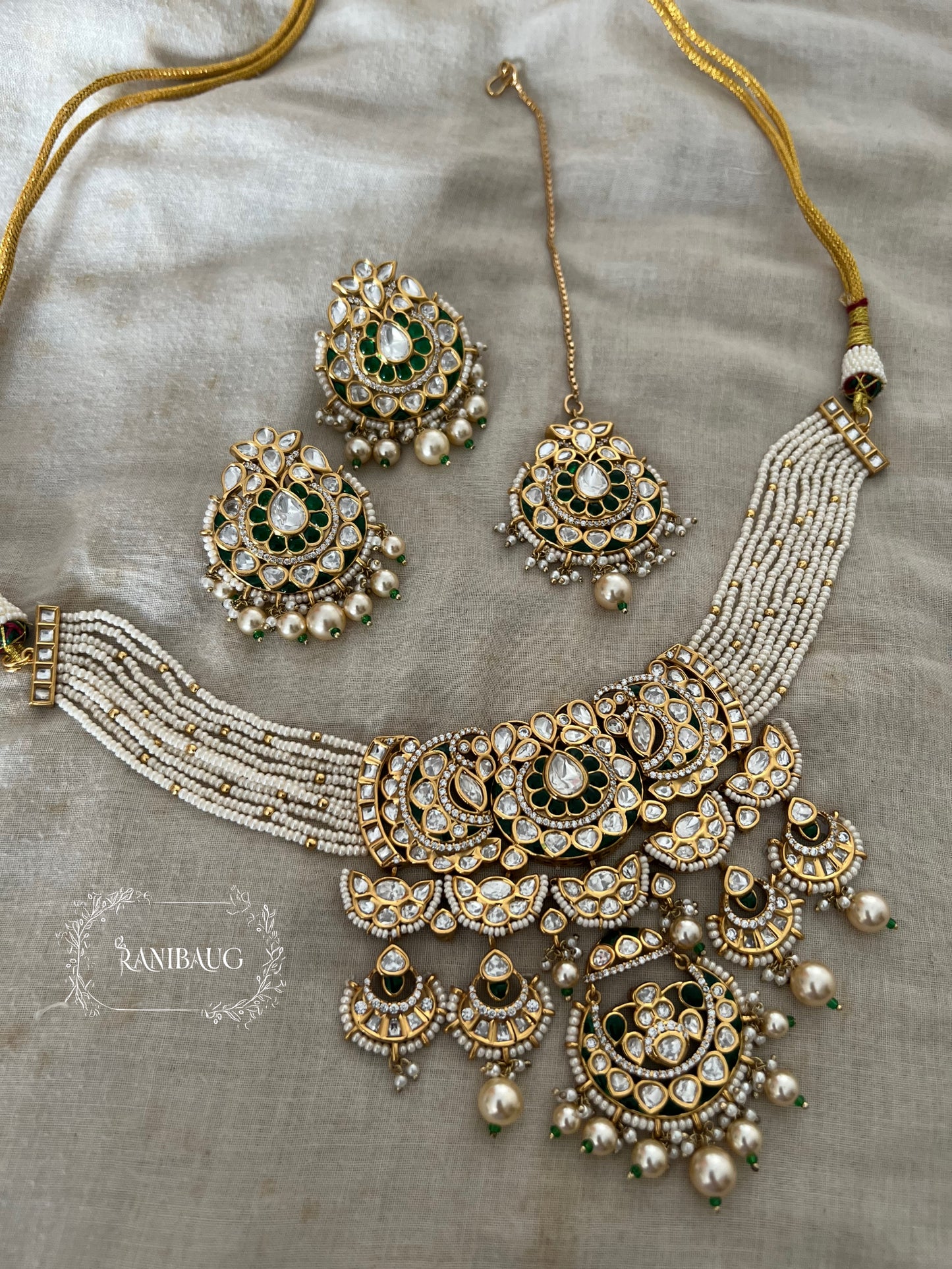 Viraya Gold Finish Royal Emerald Pearl Bridal Necklace Jewelry Set By Ranibaug