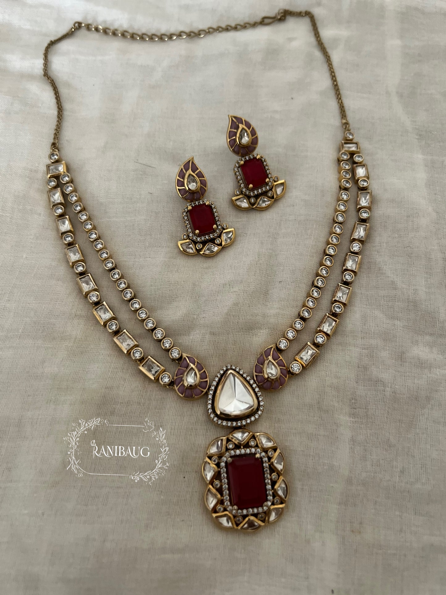 Vireya Polki Rich Gold Finish Gemstone Motif Designer Statement Jewelry Set By Ranibaug
