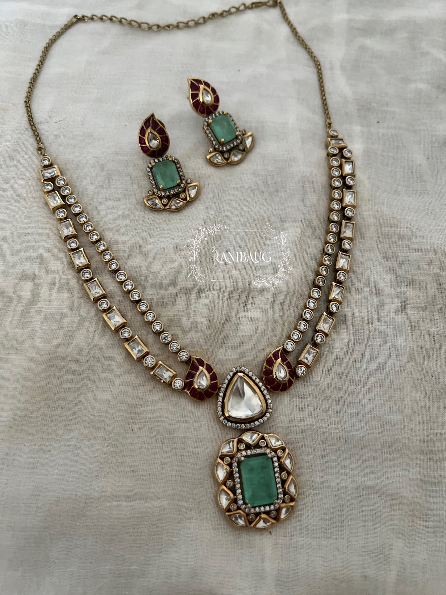 Vireya Polki Rich Gold Finish Gemstone Motif Designer Statement Jewelry Set By Ranibaug