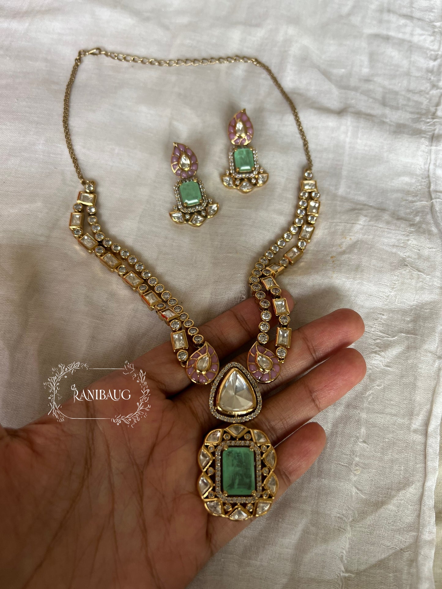 Vireya Polki Rich Gold Finish Gemstone Motif Designer Statement Jewelry Set By Ranibaug