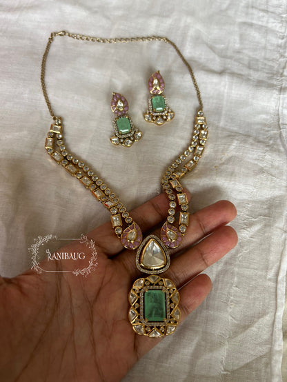 Vireya Polki Rich Gold Finish Gemstone Motif Designer Statement Jewelry Set By Ranibaug