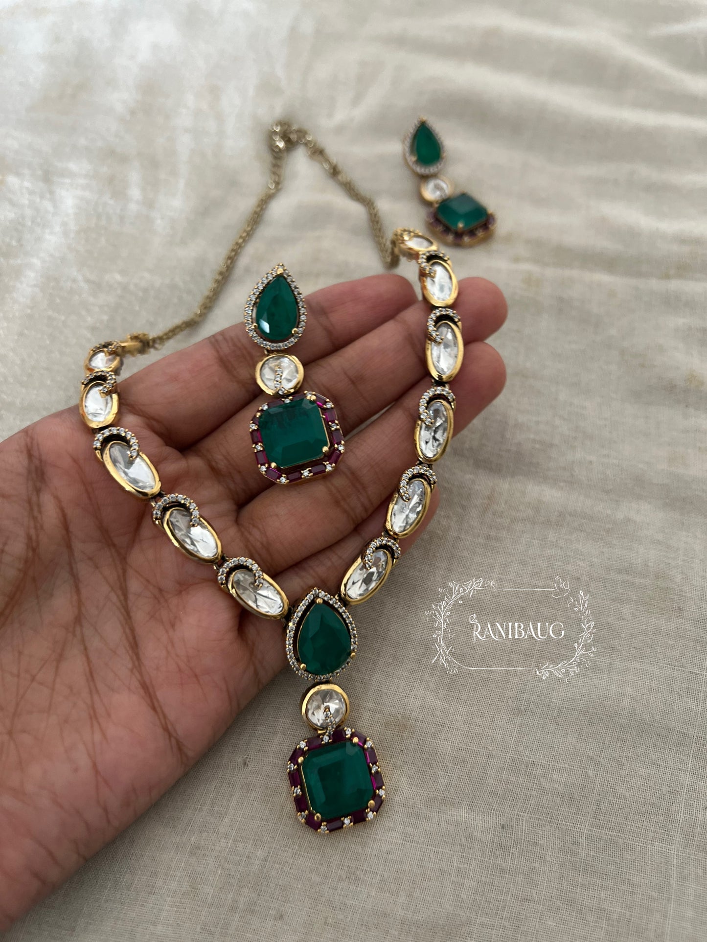 Virya Polki Studded Victorian Emerald Green Gold Finish Necklace Jewellery Set By Ranibaug
