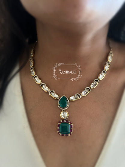 Virya Polki Studded Victorian Emerald Green Gold Finish Necklace Jewellery Set By Ranibaug