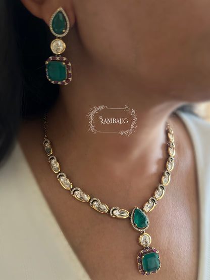 Virya Polki Studded Victorian Emerald Green Gold Finish Necklace Jewellery Set By Ranibaug