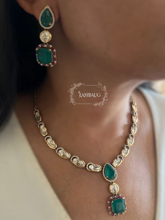 Virya Polki Studded Victorian Emerald Green Gold Finish Necklace Jewellery Set By Ranibaug