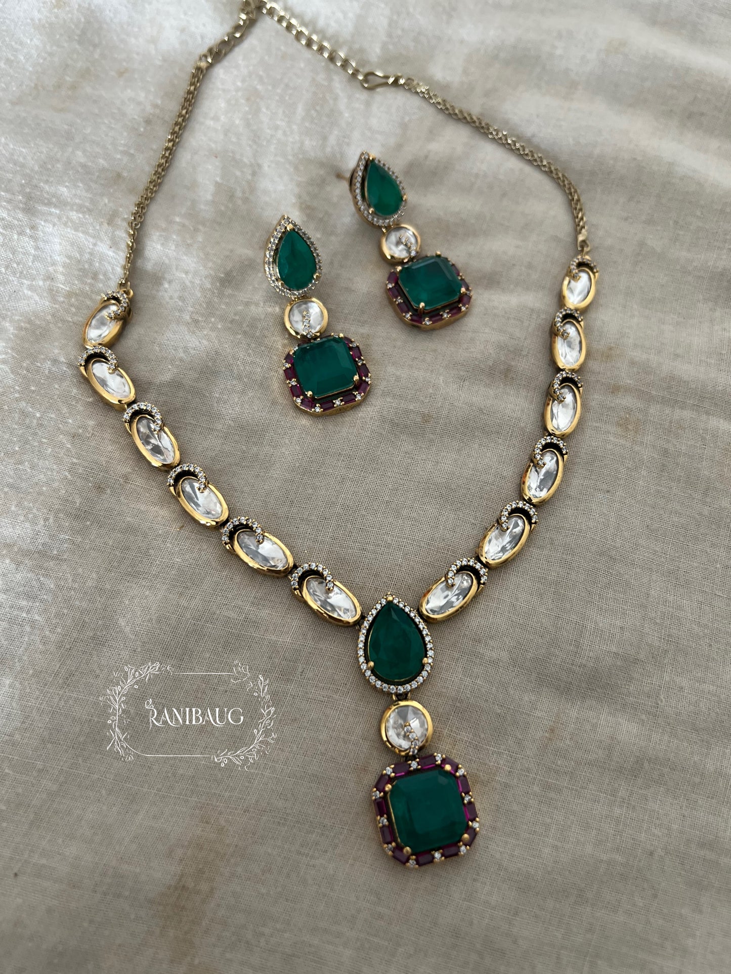 Virya Polki Studded Victorian Emerald Green Gold Finish Necklace Jewellery Set By Ranibaug