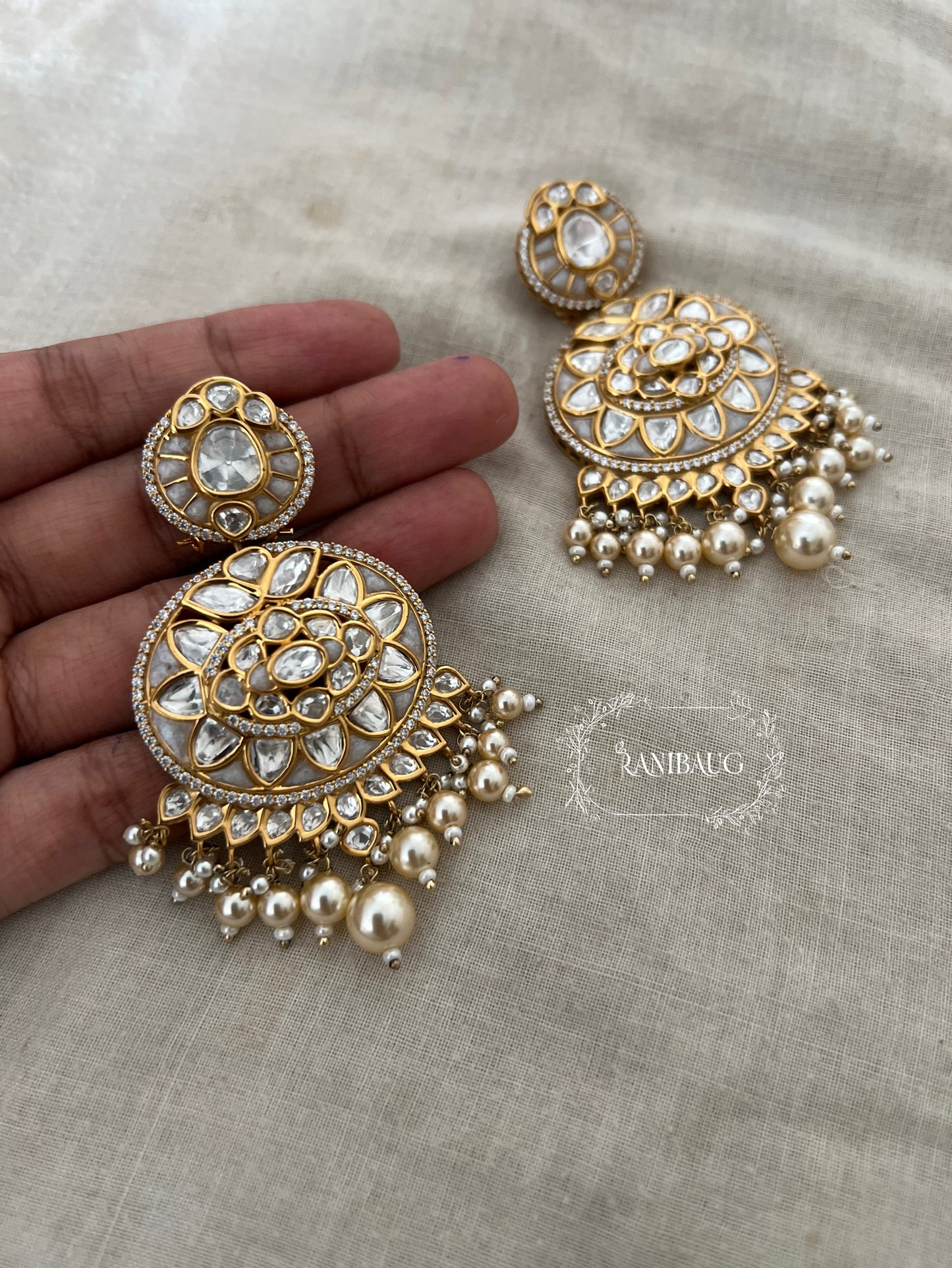 Visakha Royal Pearl Kundan Chandbali Earrings By Ranibaug