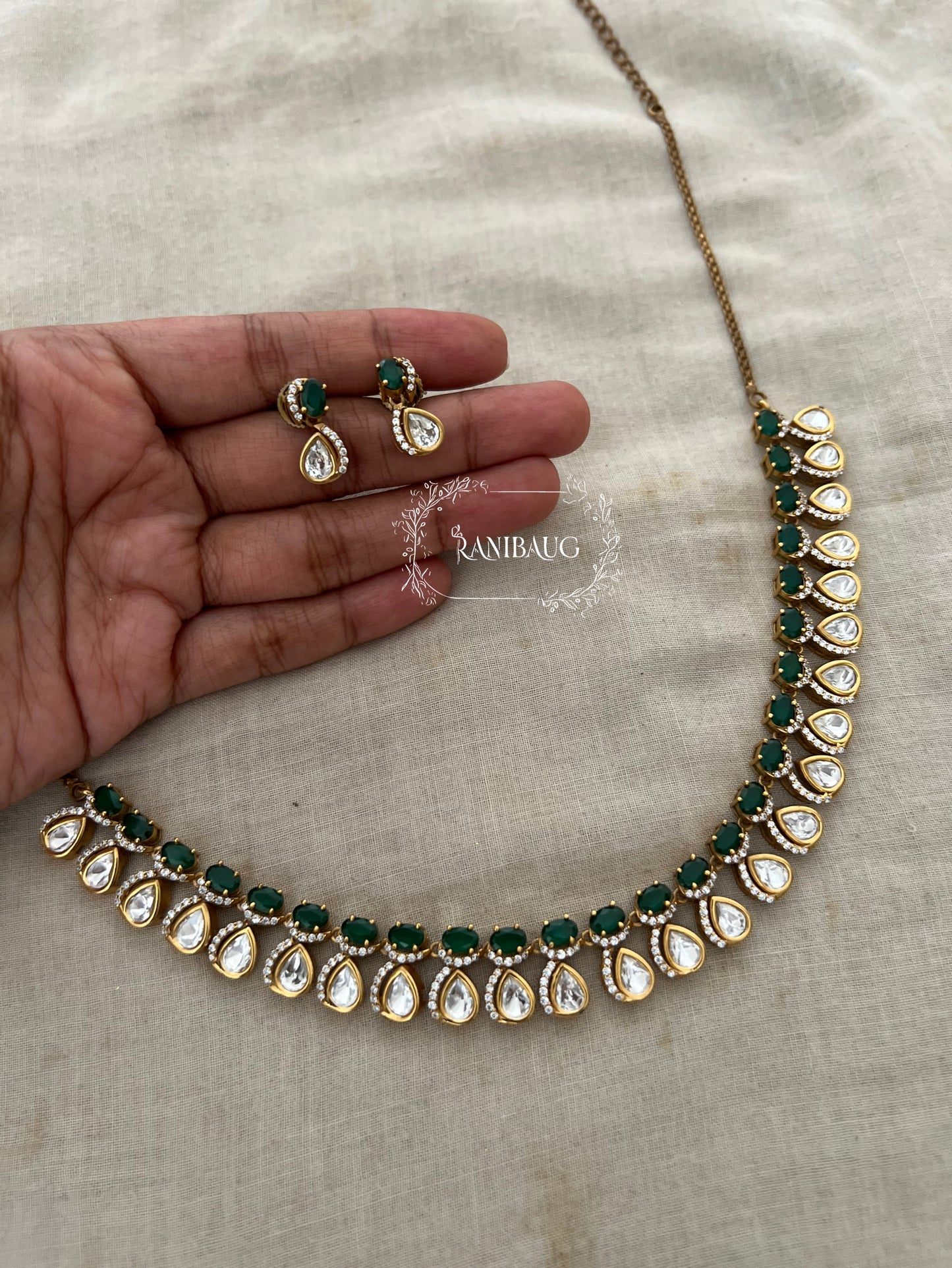 Visha Emerald And Ruby Stone Teardrop Polki Studded Gold Finish Classic Necklace Jewellery By Ranibaug