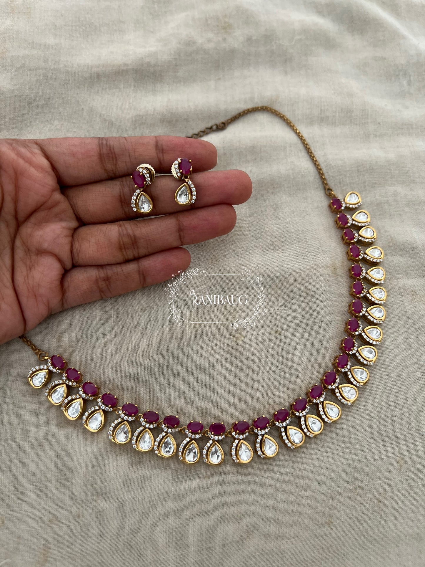 Visha Emerald And Ruby Stone Teardrop Polki Studded Gold Finish Classic Necklace Jewellery By Ranibaug