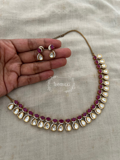 Visha Emerald And Ruby Stone Teardrop Polki Studded Gold Finish Classic Necklace Jewellery By Ranibaug