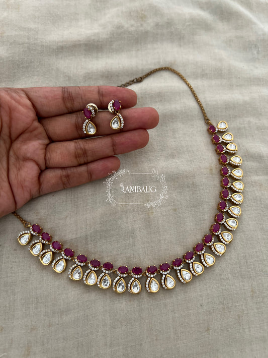Visha Emerald And Ruby Stone Teardrop Polki Studded Gold Finish Classic Necklace Jewellery By Ranibaug