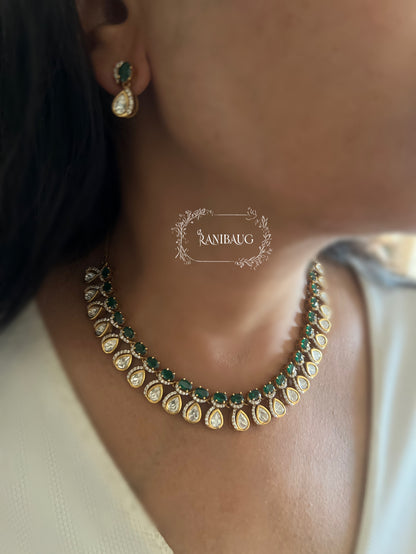 Visha Emerald And Ruby Stone Teardrop Polki Studded Gold Finish Classic Necklace Jewellery By Ranibaug