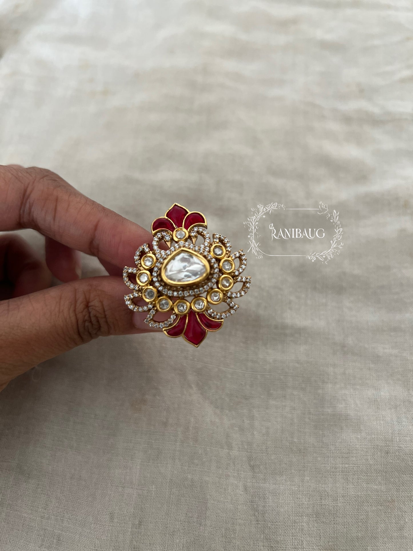 Visha Floral Designer Polki Gold Finish Ring For Wedding By Ranibaug
