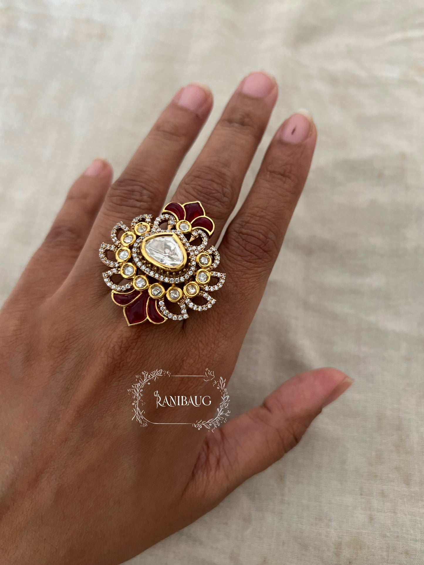 Visha Floral Designer Polki Gold Finish Ring For Wedding By Ranibaug