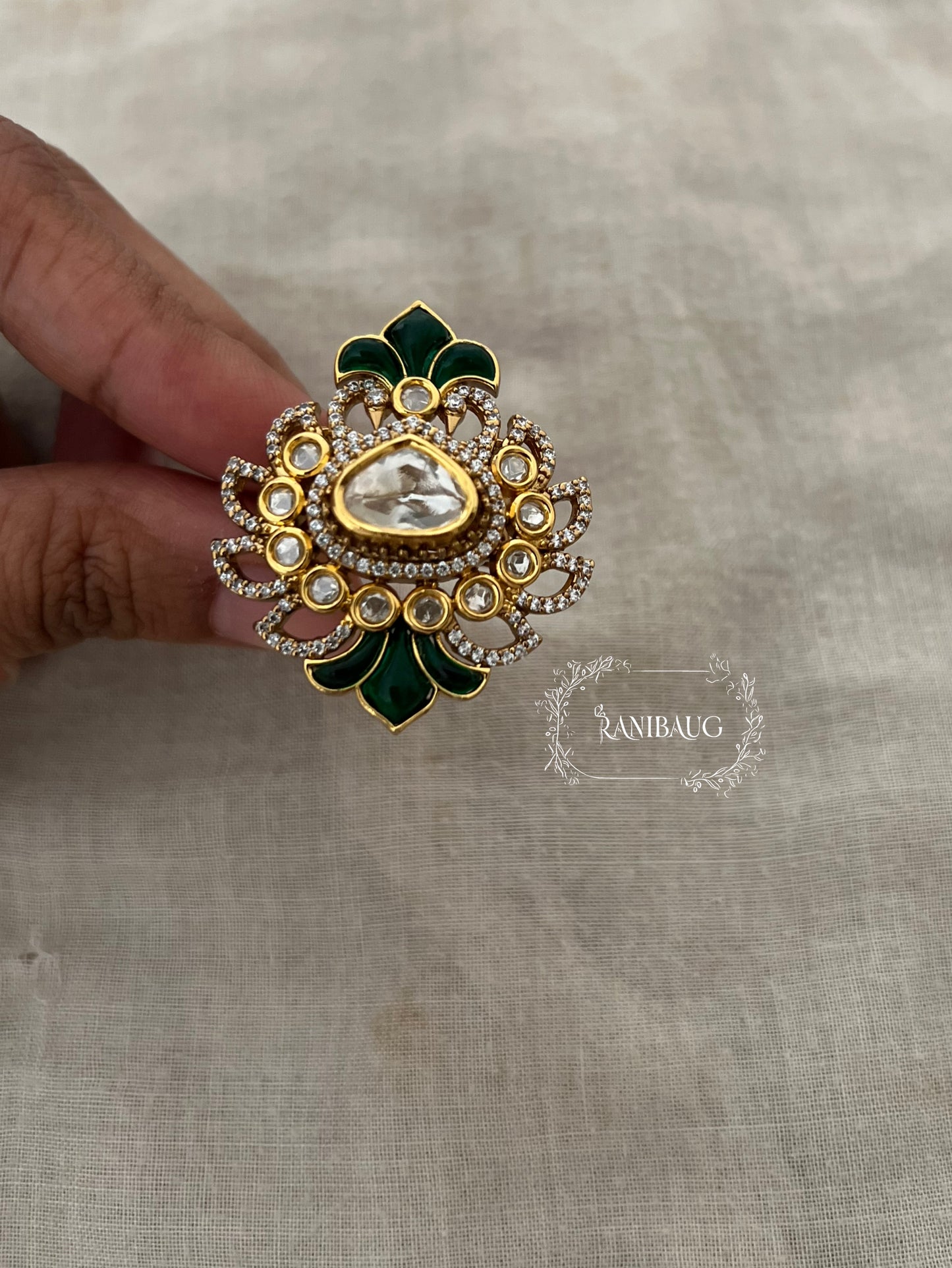 Visha Floral Designer Polki Gold Finish Ring For Wedding By Ranibaug