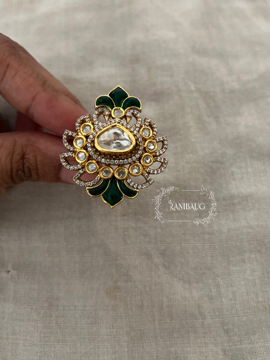 Visha Floral Designer Polki Gold Finish Ring For Wedding By Ranibaug