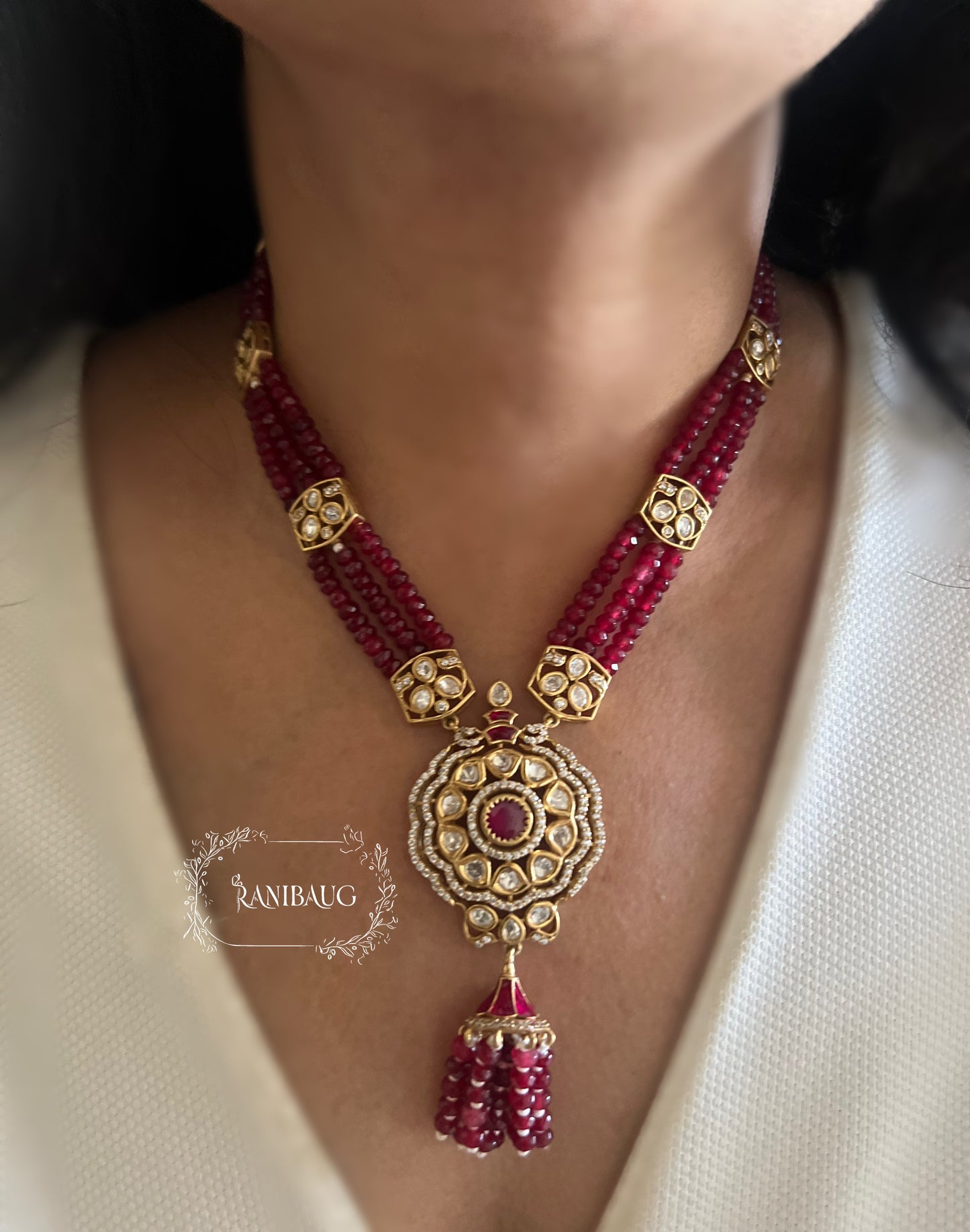 Vishaka Colorful Beaded Tassel Victorian Finish Polki Necklace Set By Ranibaug