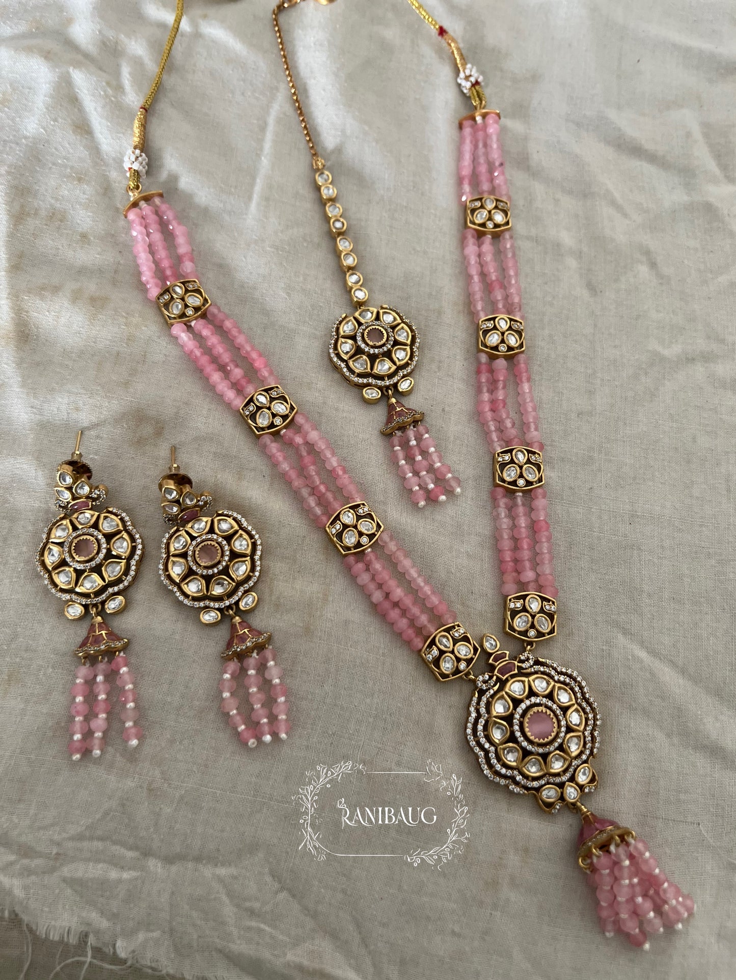 Vishaka Colorful Beaded Tassel Victorian Finish Polki Necklace Set By Ranibaug