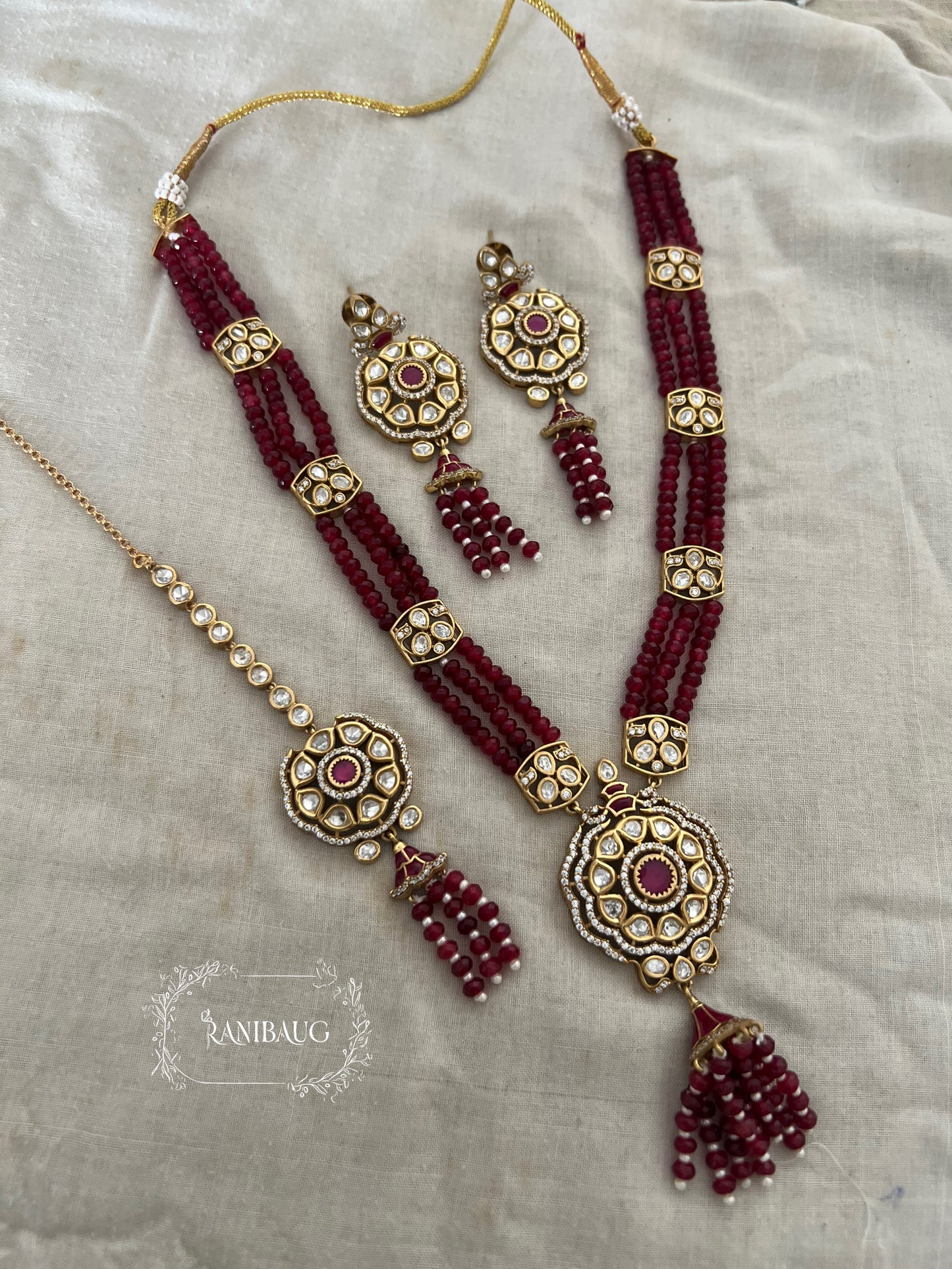 Vishaka Colorful Beaded Tassel Victorian Finish Polki Necklace Set By Ranibaug
