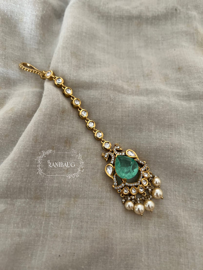 Vishaka Gold Plated Kundan Studded Peacock Motif Maang Tikka With Pearl Clusters By Ranibaug | Fancy Maang Tikka Jewelry For Wedding