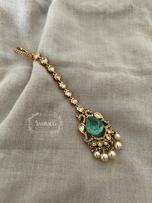 Vishaka Gold Plated Kundan Studded Peacock Motif Maang Tikka With Pearl Clusters By Ranibaug | Fancy Maang Tikka Jewelry For Wedding